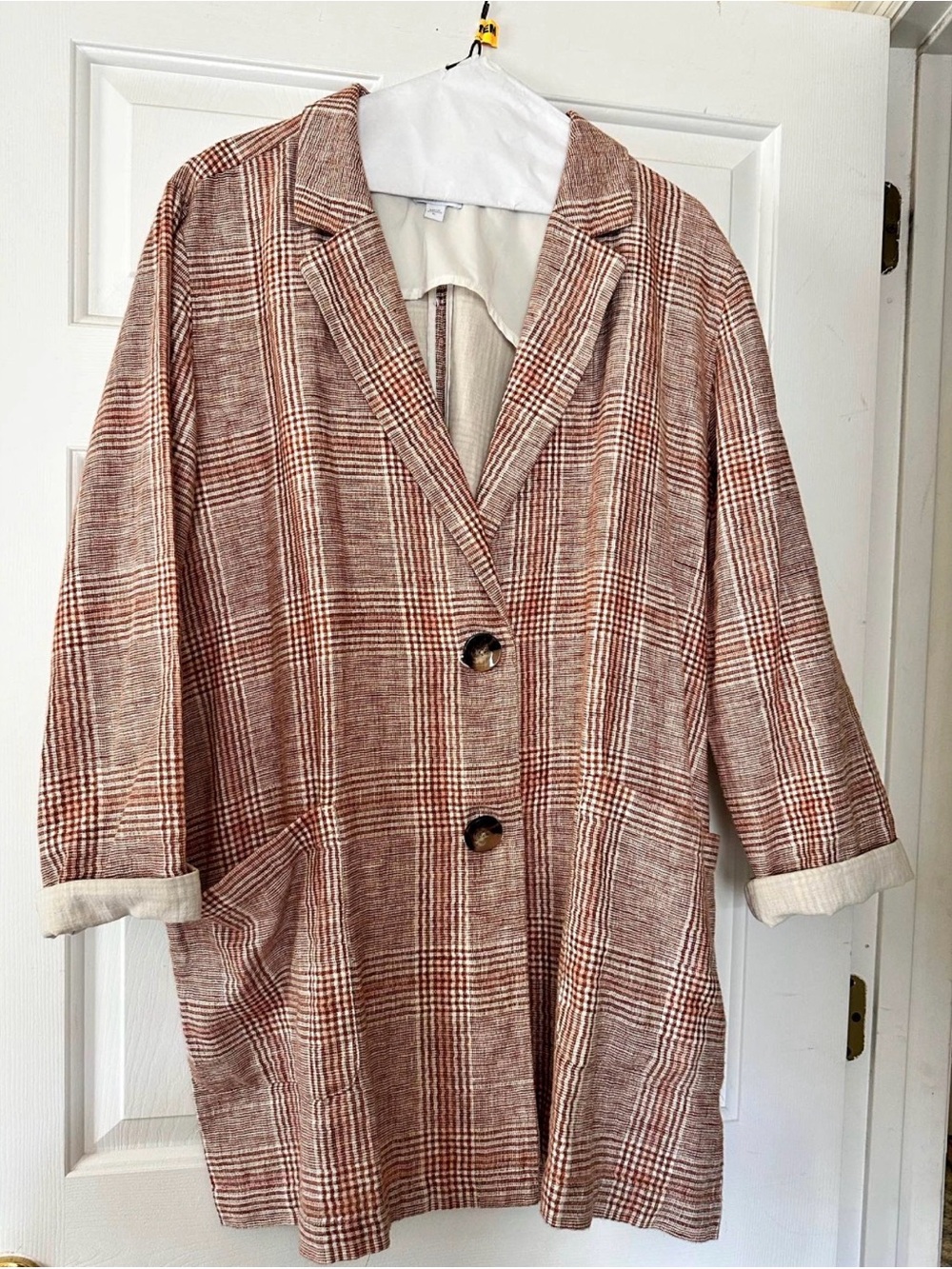 Woven Plaid Longline Coatigan in Rust